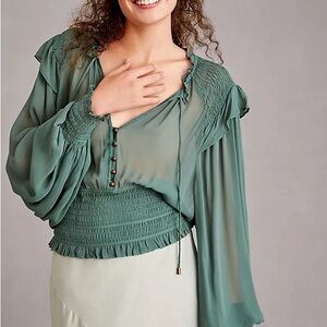 Antbropologie Sheer Smocked Waist Blouse in Sage Green Womens Large